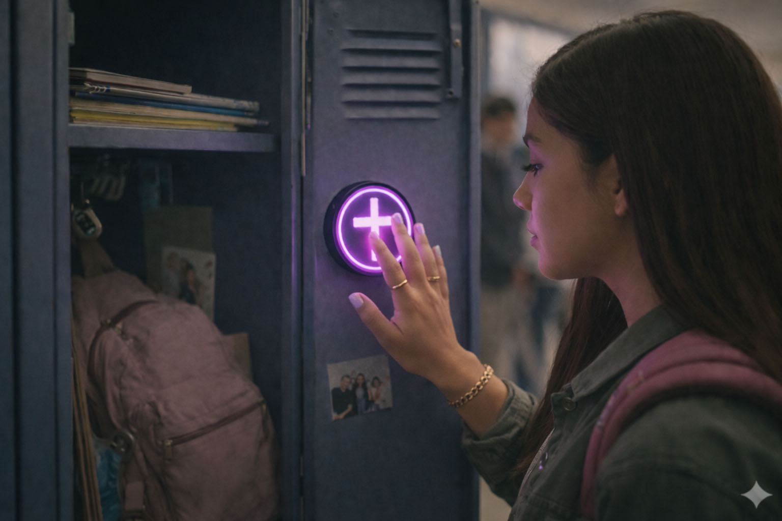 Student interacting with a locker featuring a glowing pink cross light of christ magnetic led protection pendant.